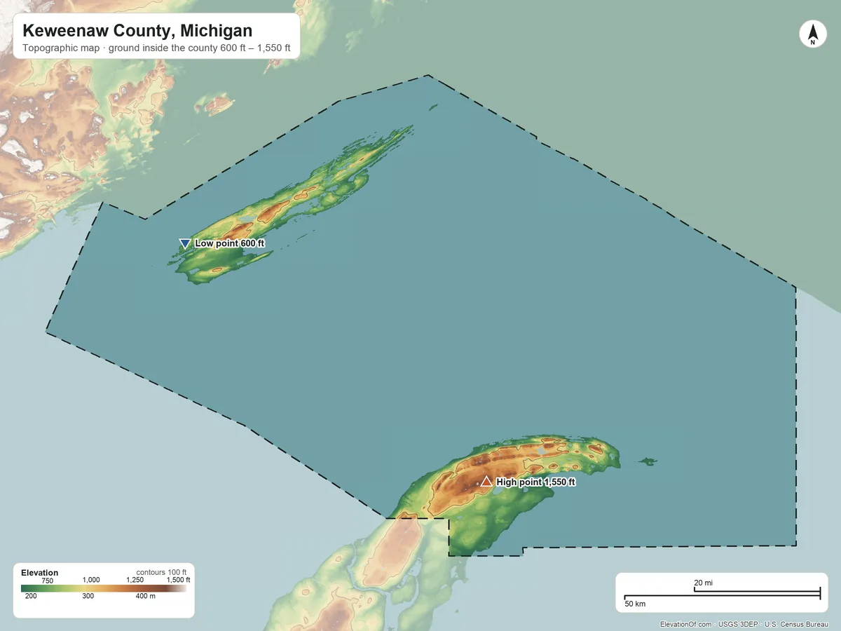 Topographic elevation map of Keweenaw County, Michigan, shaded from 600 ft on the west side to 1,550 ft on Mount Horace Greeley