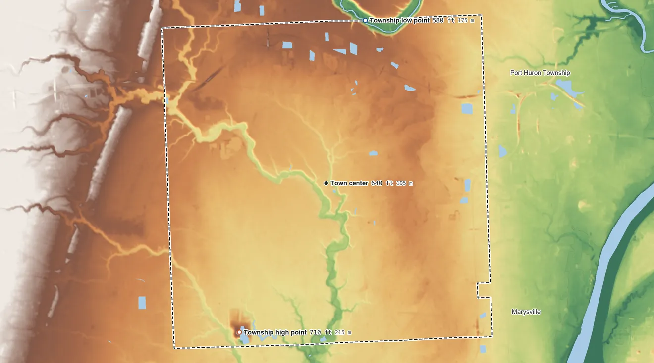 Topographic elevation map of Kimball Township, Michigan, shaded from 580 ft on the north side to 710 ft on the southwest side