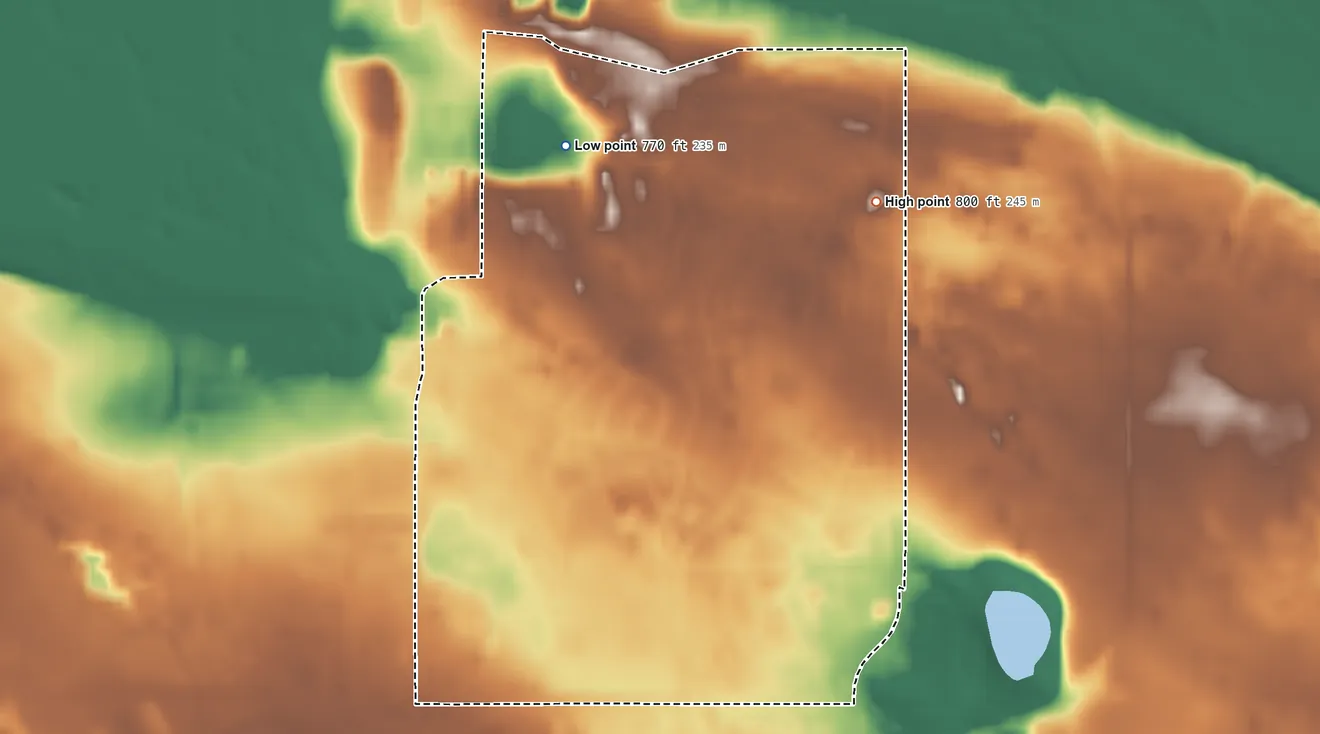 Topographic elevation map of Kincheloe, Michigan, shaded from 770 ft on the northwest side to 800 ft on the northeast side