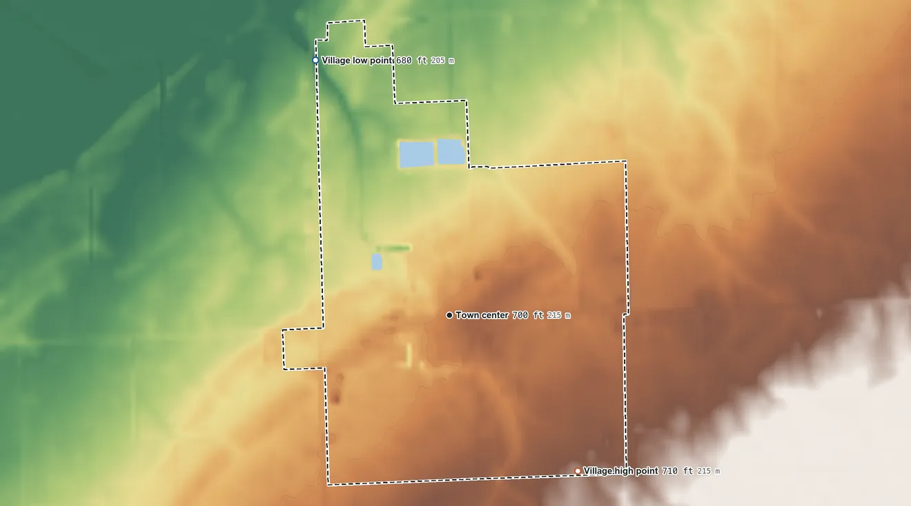 Topographic elevation map of Kinde, Michigan, shaded from 680 ft on the northwest side to 710 ft on the southeast side