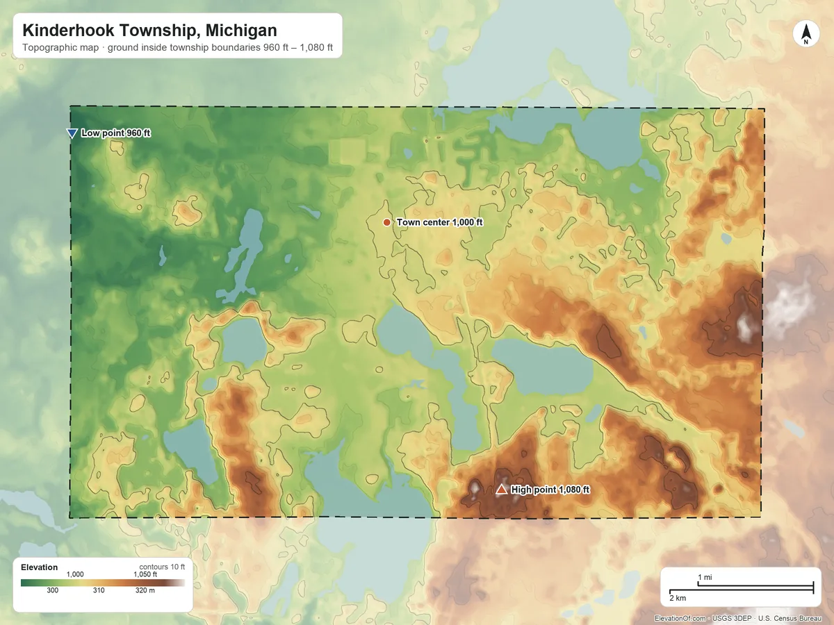 Topographic elevation map of Kinderhook Township, Michigan, shaded from 960 ft on the west side to 1,080 ft on the southeast side