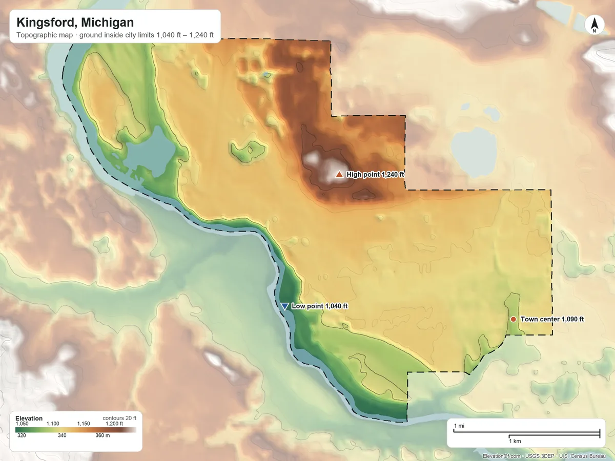 Topographic elevation map of Kingsford, Michigan, shaded from 1,040 ft on the west side to 1,240 ft on the northwest side