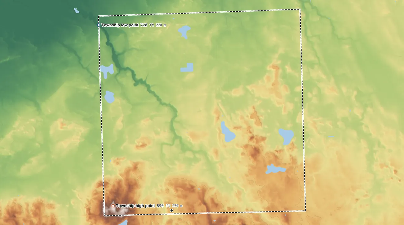 Topographic elevation map of Kingston Township, Michigan, shaded from 720 ft on the north side to 890 ft on the west side