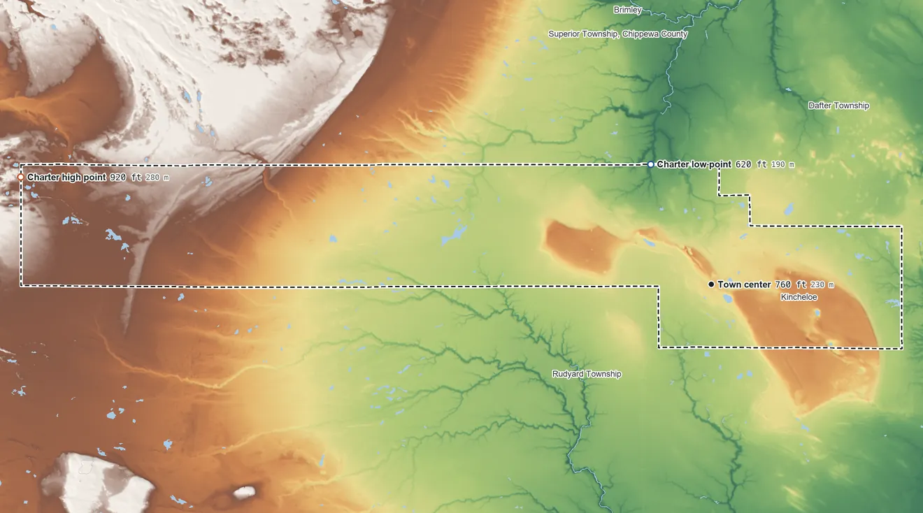 Topographic elevation map of Kinross Township, Michigan, shaded from 620 ft on the northwest side to 920 ft on the west side