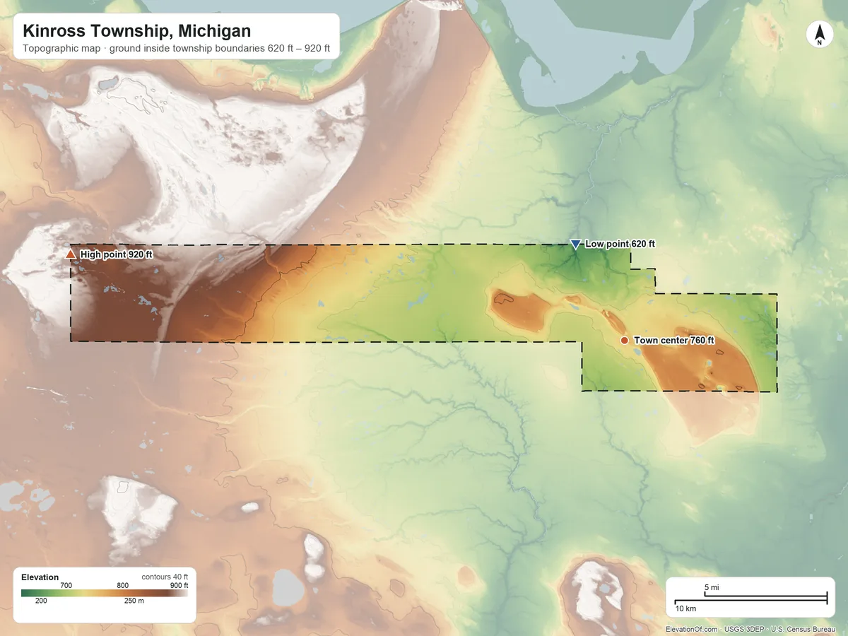 Topographic elevation map of Kinross Township, Michigan, shaded from 620 ft on the northwest side to 920 ft on the west side