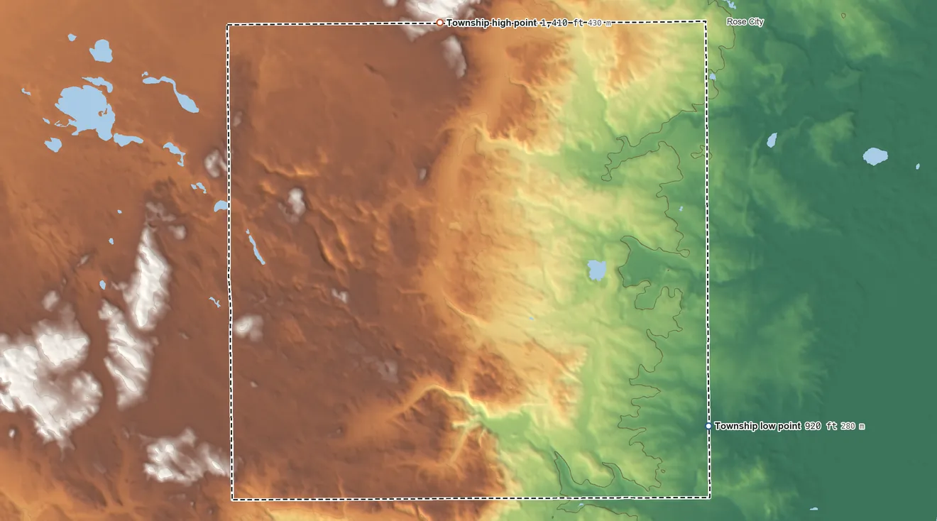 Topographic elevation map of Klacking Township, Michigan, shaded from 920 ft on the southeast side to 1,410 ft on the north side
