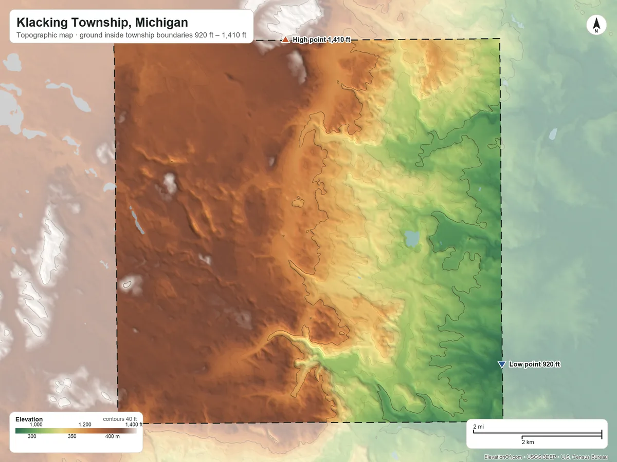 Topographic elevation map of Klacking Township, Michigan, shaded from 920 ft on the southeast side to 1,410 ft on the north side