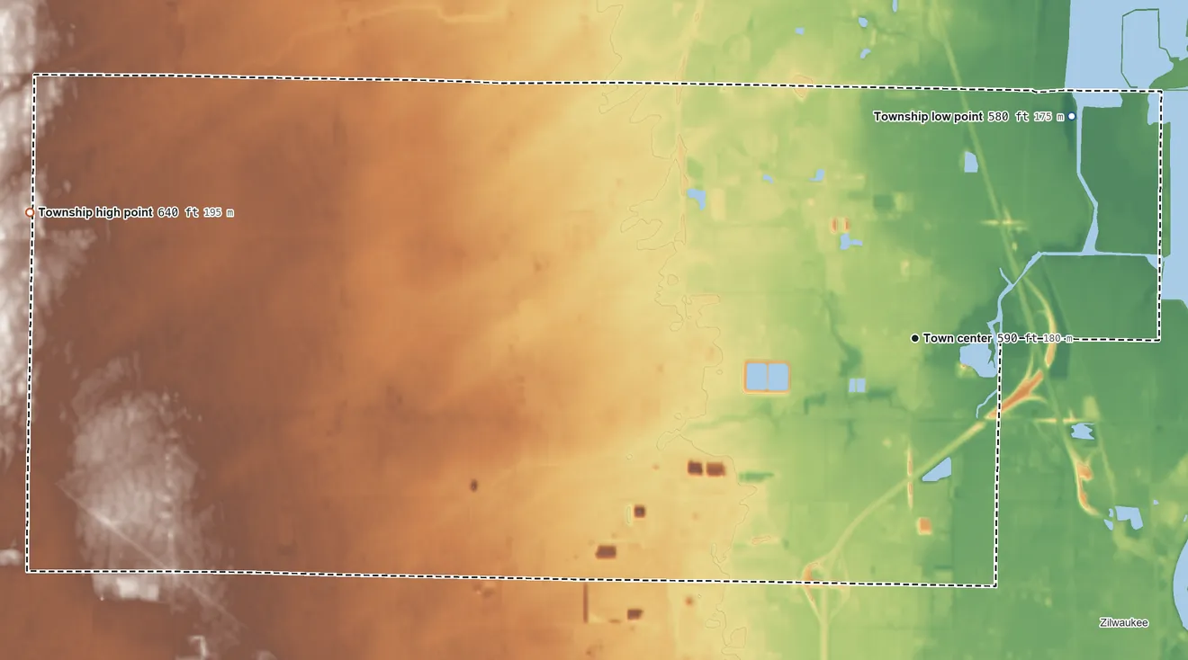 Topographic elevation map of Kochville Township, Michigan, shaded from 580 ft on the northeast side to 640 ft on the west side