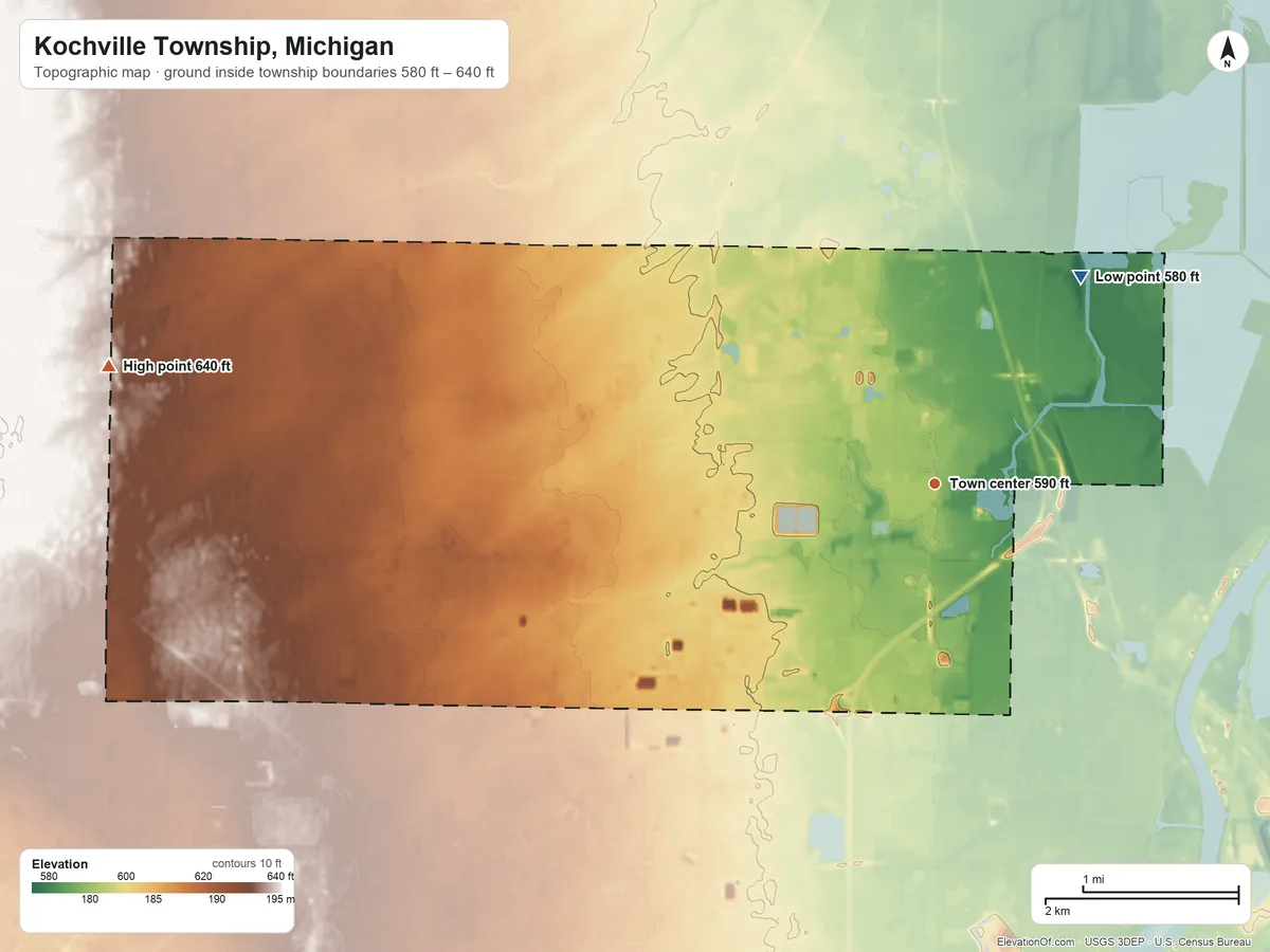 Topographic elevation map of Kochville Township, Michigan, shaded from 580 ft on the northeast side to 640 ft on the west side