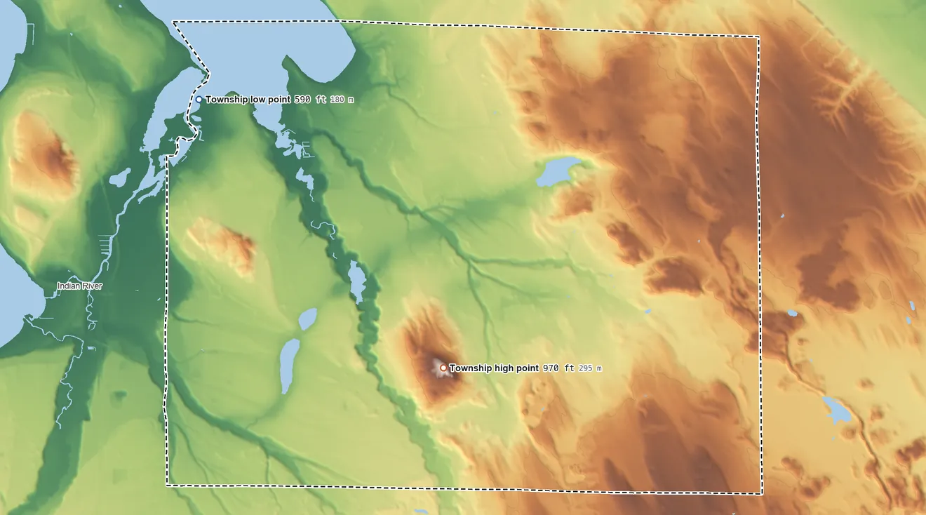 Topographic elevation map of Koehler Township, Michigan, shaded from 590 ft on the northwest side to 970 ft on Blats Hill