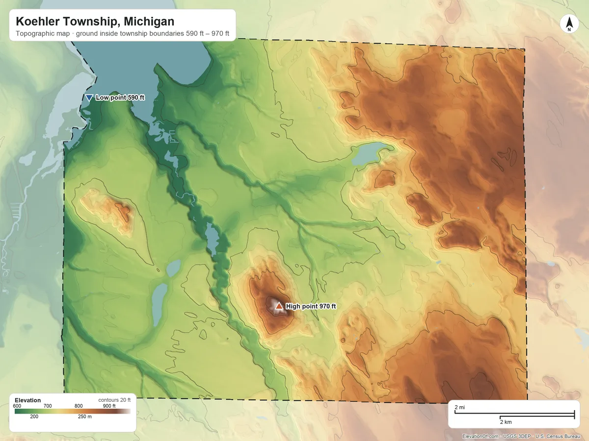 Topographic elevation map of Koehler Township, Michigan, shaded from 590 ft on the northwest side to 970 ft on Blats Hill