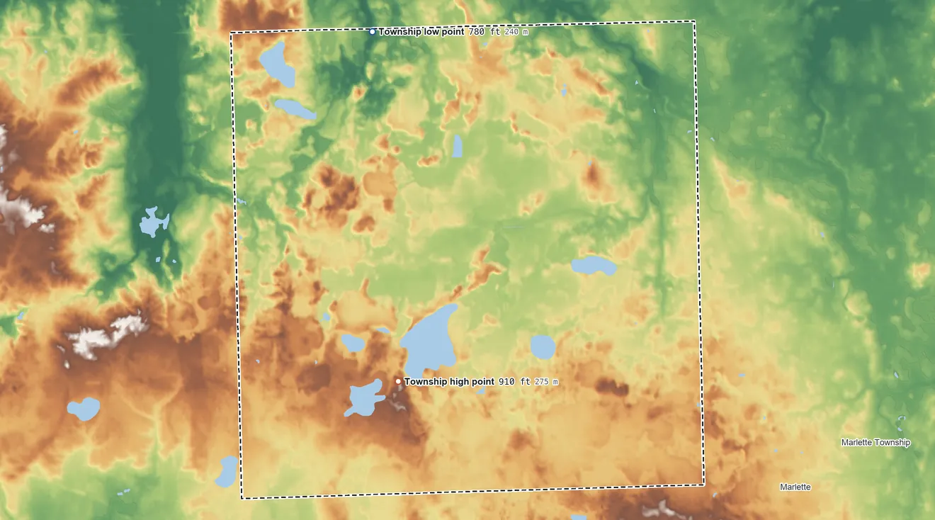Topographic elevation map of Koylton Township, Michigan, shaded from 780 ft on the northwest side to 910 ft on the southwest side