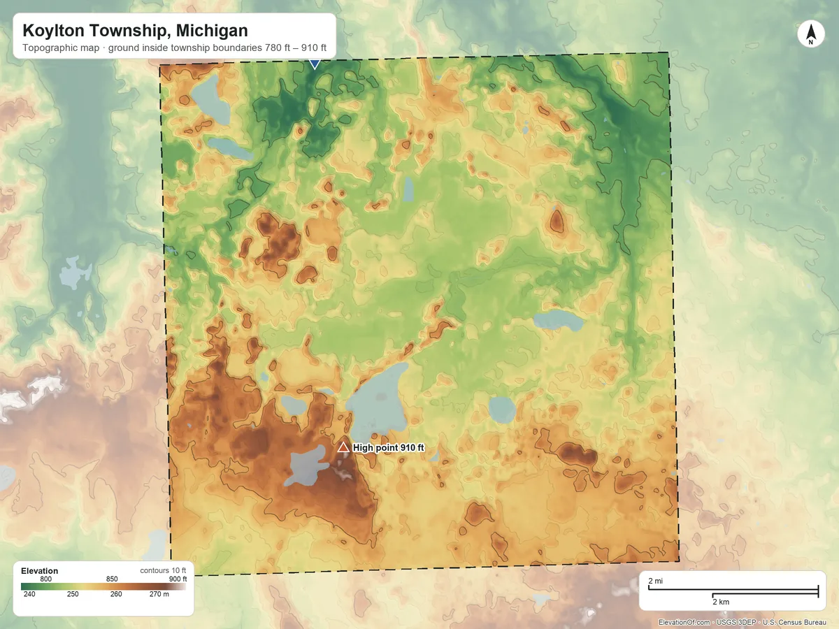 Topographic elevation map of Koylton Township, Michigan, shaded from 780 ft on the northwest side to 910 ft on the southwest side