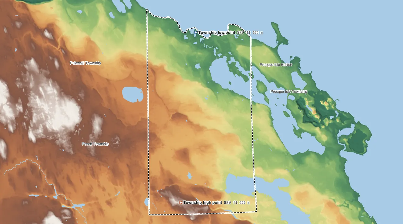 Topographic elevation map of Krakow Township, Michigan, shaded from 580 ft on the north side to 820 ft on the southwest side