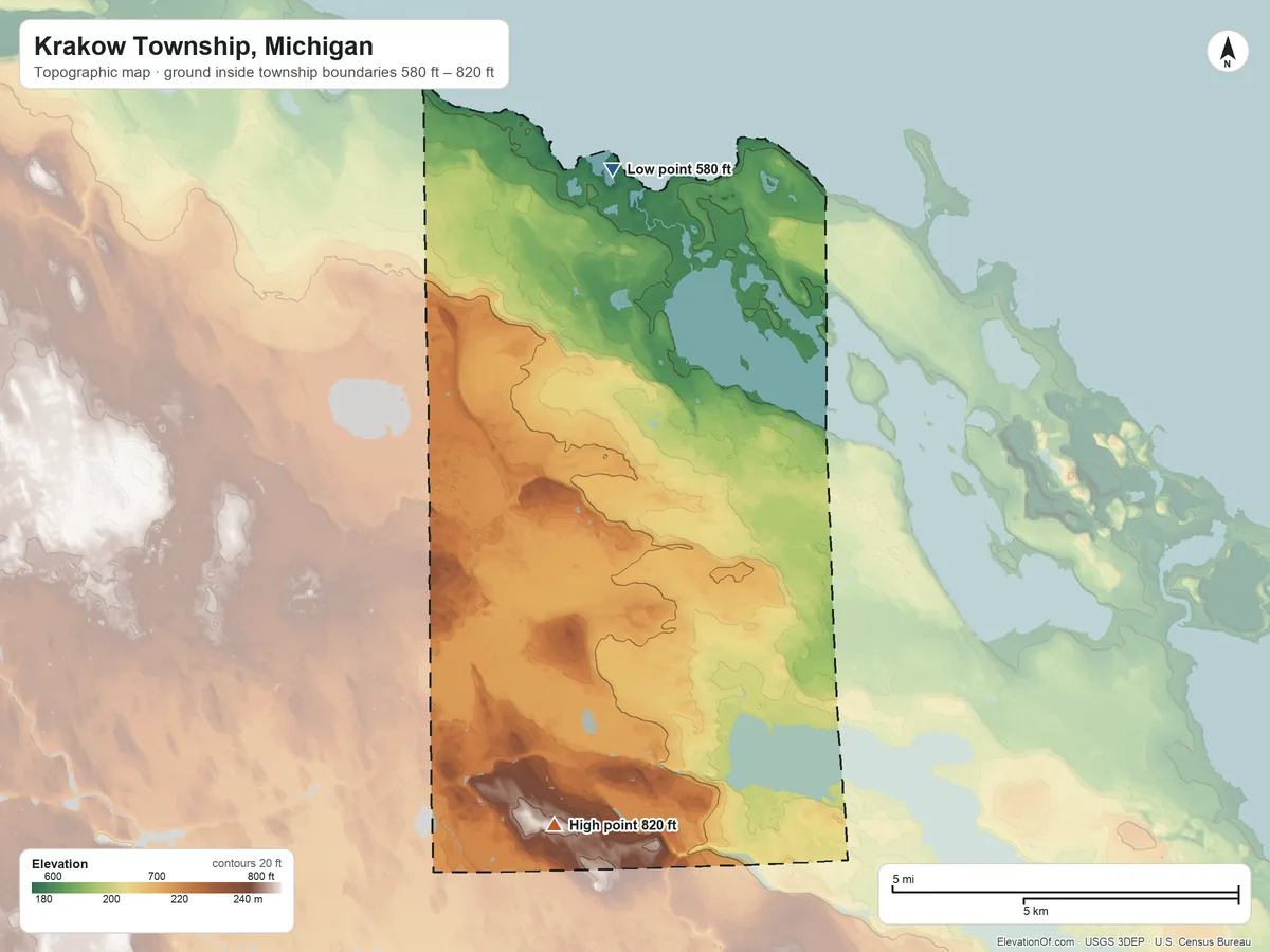Topographic elevation map of Krakow Township, Michigan, shaded from 580 ft on the north side to 820 ft on the southwest side