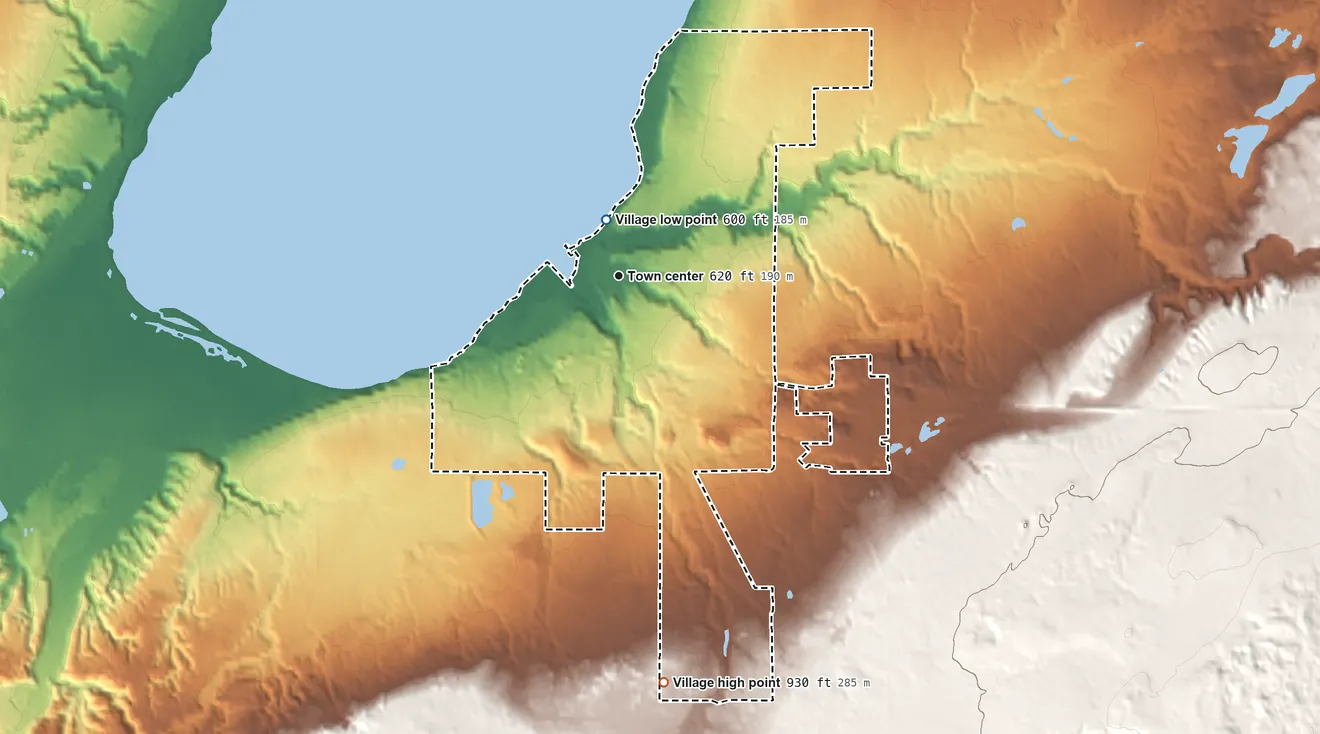 Topographic elevation map of L'Anse, Michigan, shaded from 600 ft near the middle to 930 ft on the south side