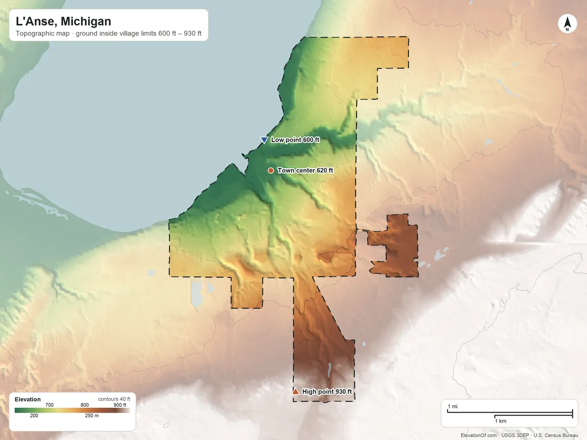 Topographic elevation map of L'Anse, Michigan, shaded from 600 ft near the middle to 930 ft on the south side