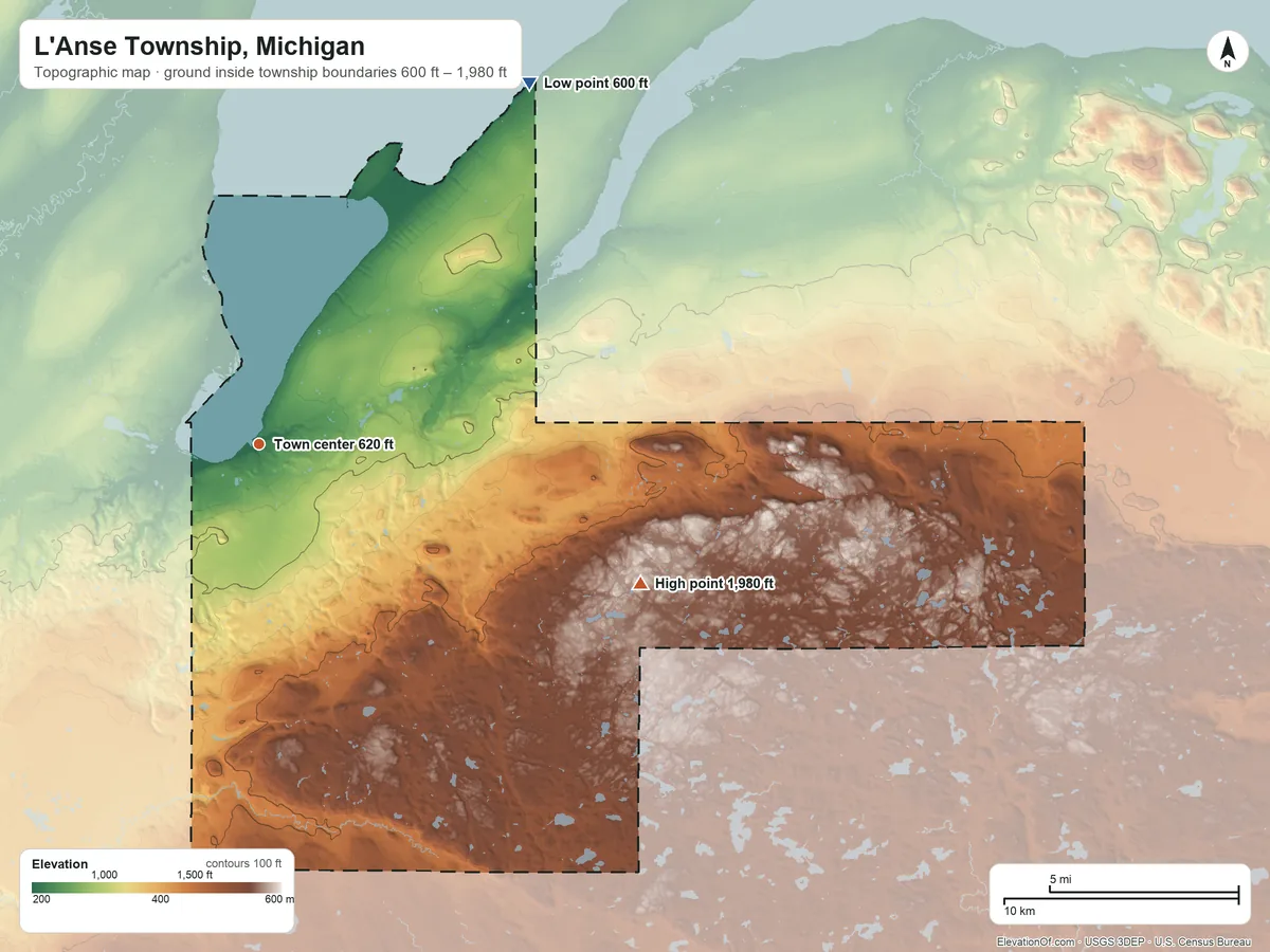 Topographic elevation map of L'Anse Township, Michigan, shaded from 600 ft on the northeast side to 1,980 ft on Mount Curwood