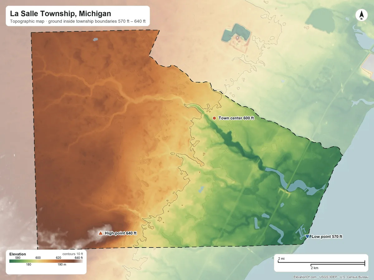 Topographic elevation map of La Salle Township, Michigan, shaded from 570 ft on the southeast side to 640 ft on the southwest side