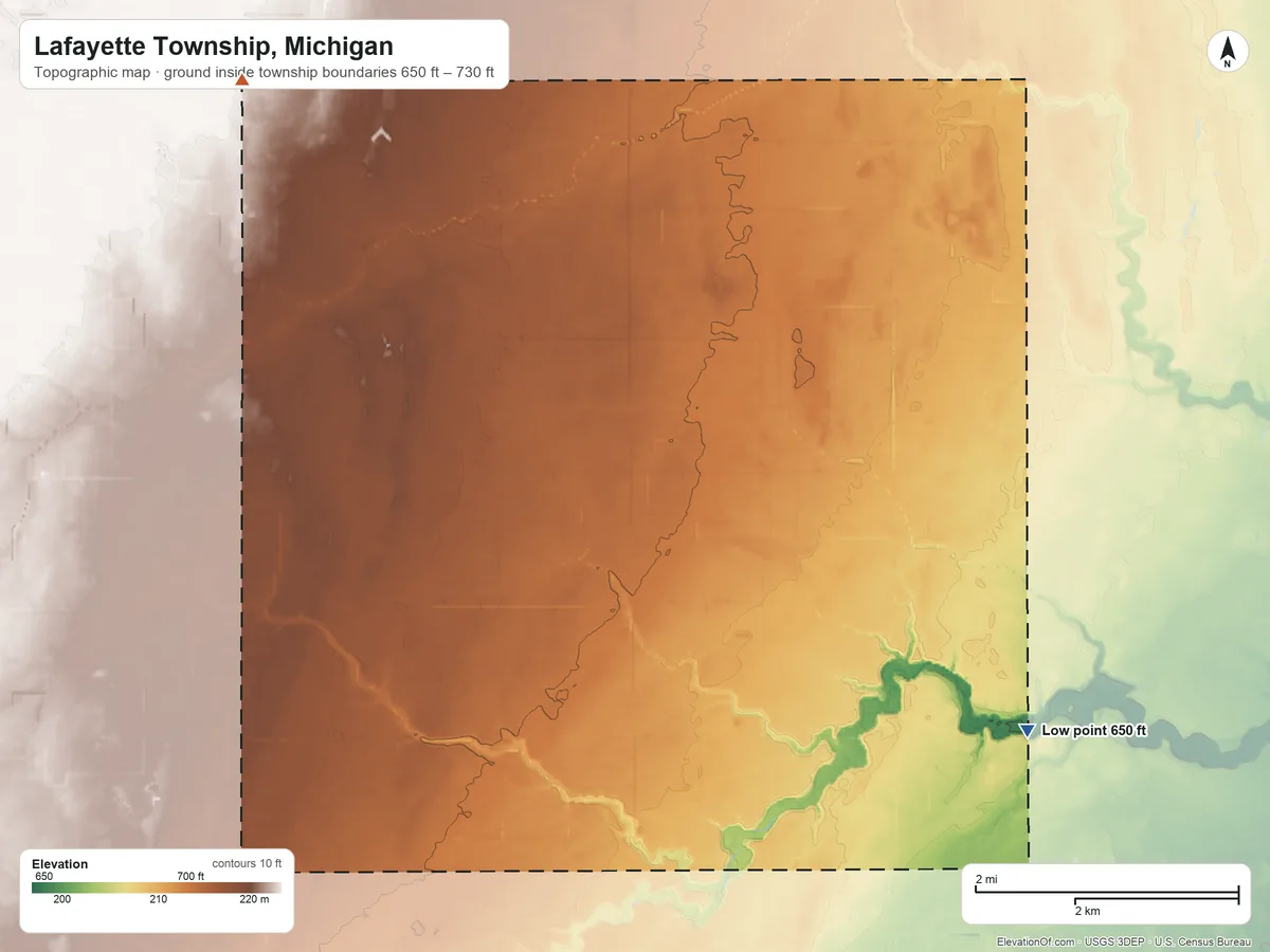 Topographic elevation map of Lafayette Township, Michigan, shaded from 650 ft on the southeast side to 730 ft on the northwest side