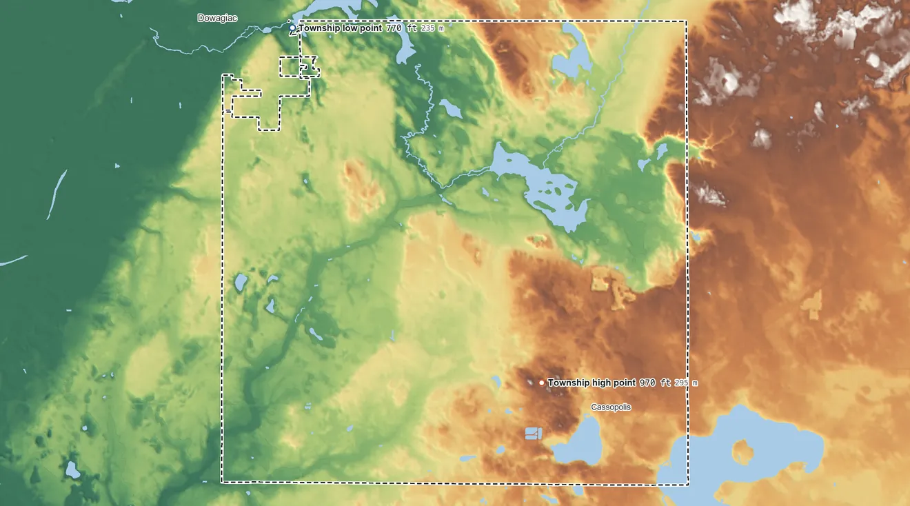 Topographic elevation map of LaGrange Township, Michigan, shaded from 770 ft on the northwest side to 970 ft on the south side