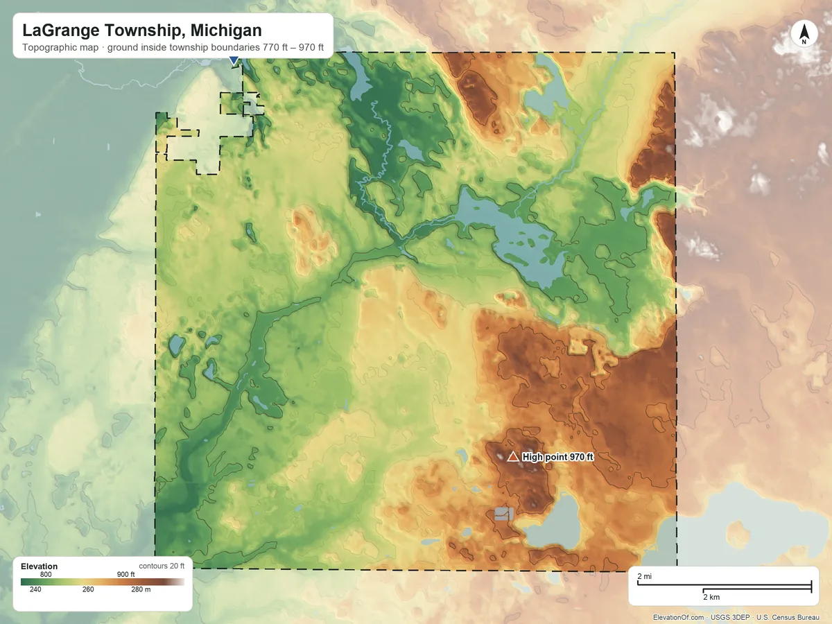 Topographic elevation map of LaGrange Township, Michigan, shaded from 770 ft on the northwest side to 970 ft on the south side