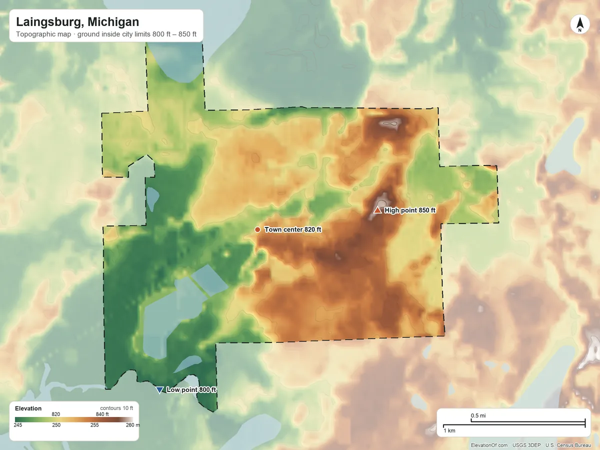 Topographic elevation map of Laingsburg, Michigan, shaded from 800 ft on the southwest side to 850 ft on the east side