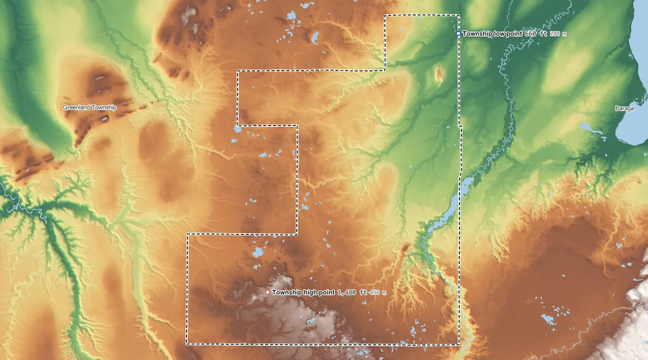 Topographic elevation map of Laird Township, Michigan, shaded from 660 ft on the northeast side to 1,480 ft on the southwest side