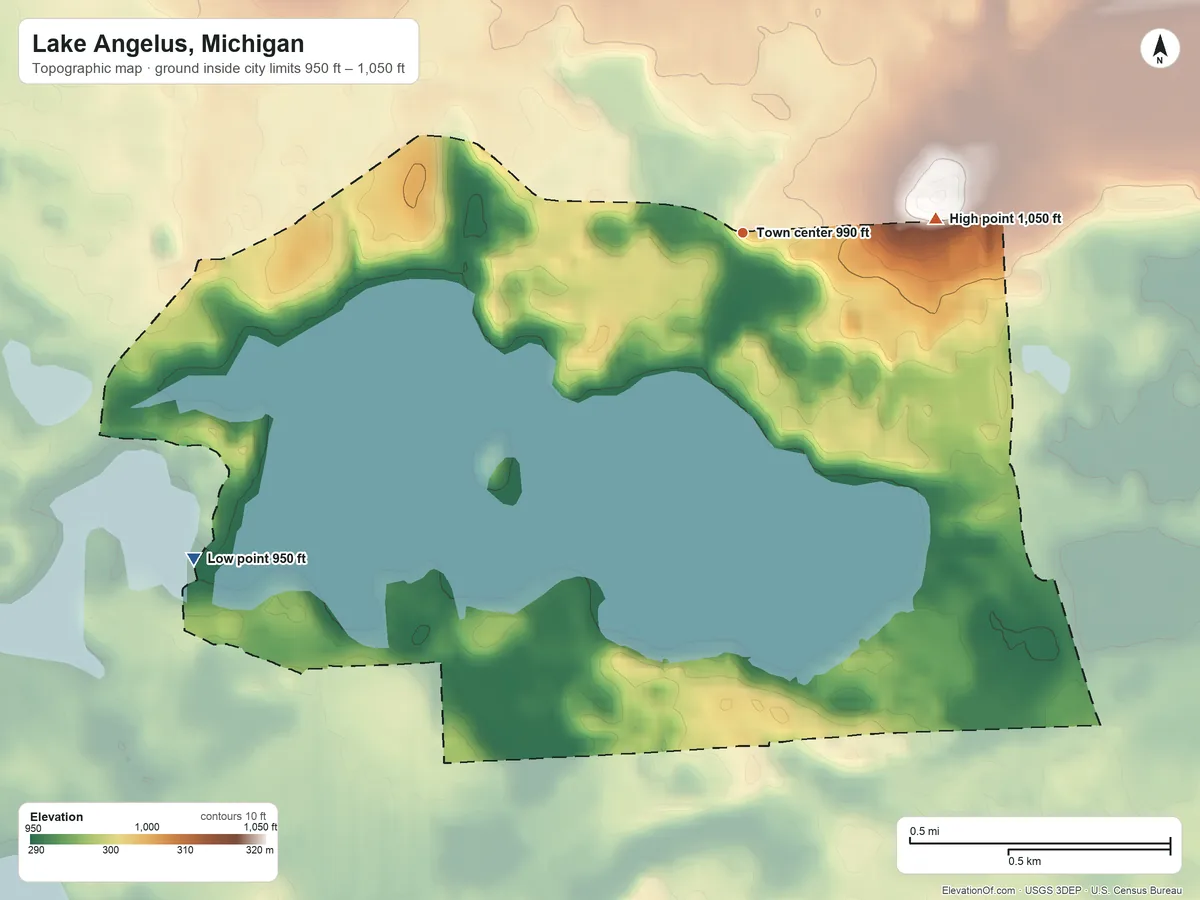 Topographic elevation map of Lake Angelus, Michigan, shaded from 950 ft on the southwest side to 1,050 ft on the east side