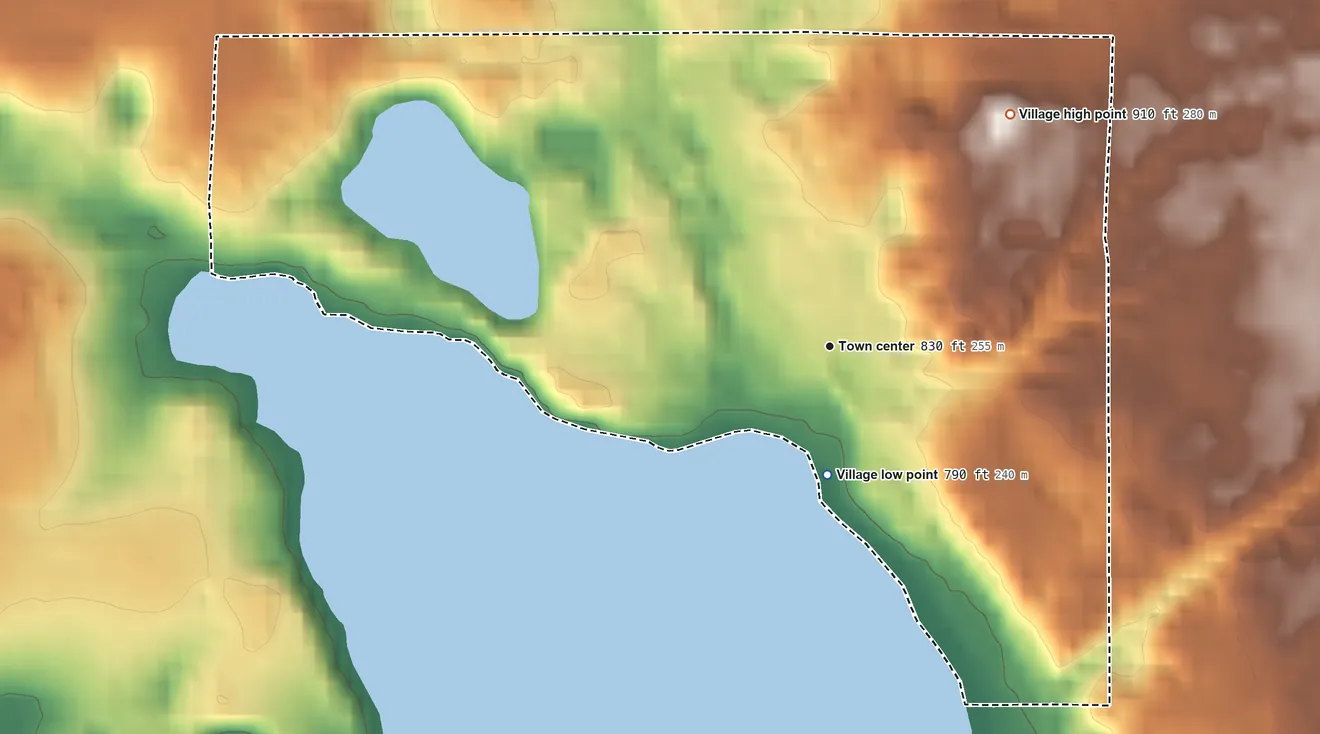 Topographic elevation map of Lake Ann, Michigan, shaded from 790 ft on the south side to 910 ft on the northeast side
