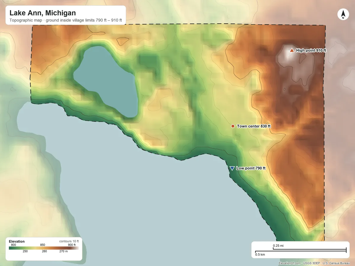 Topographic elevation map of Lake Ann, Michigan, shaded from 790 ft on the south side to 910 ft on the northeast side
