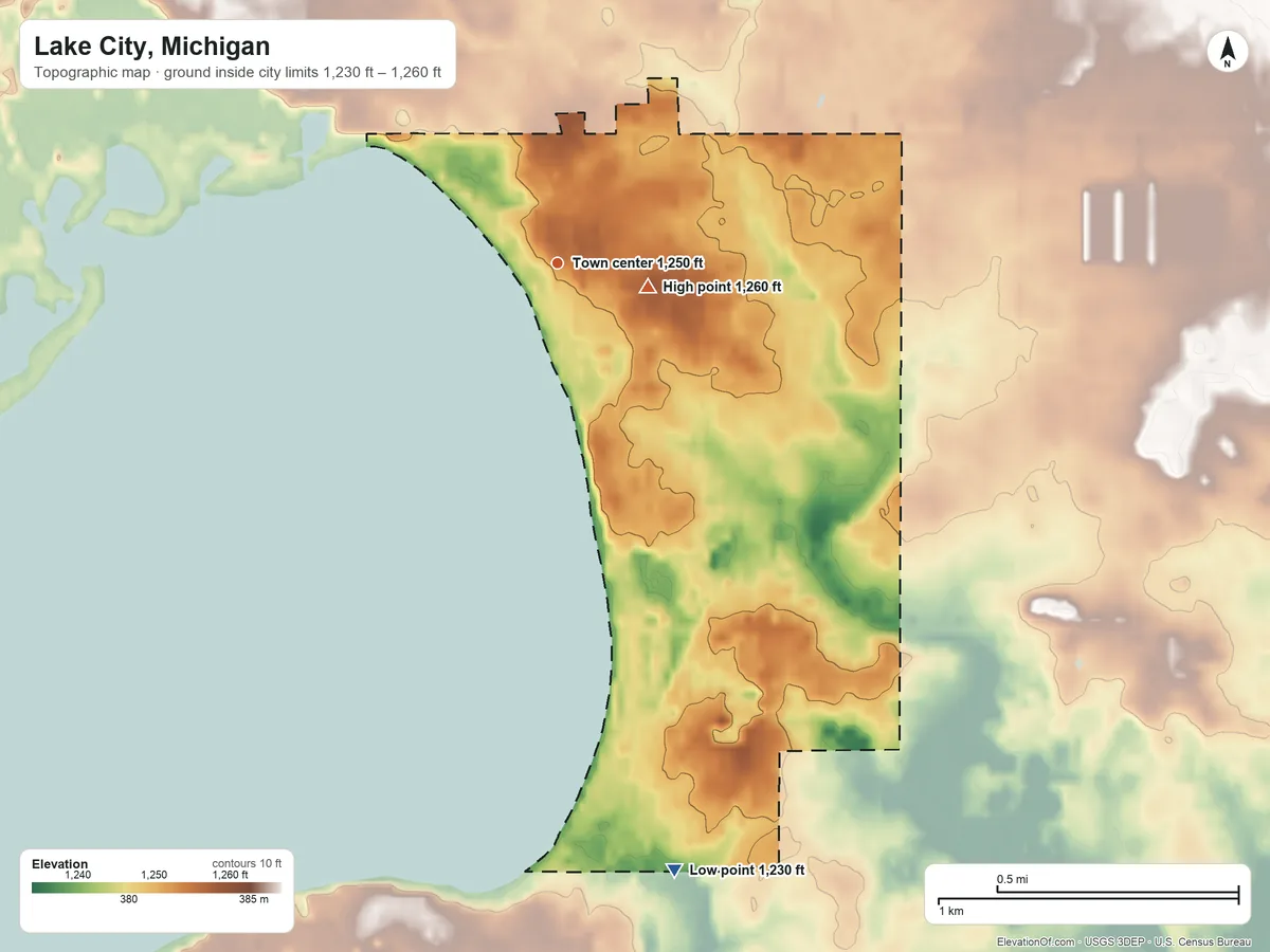 Topographic elevation map of Lake City, Michigan, shaded from 1,230 ft on the south side to 1,260 ft near the middle