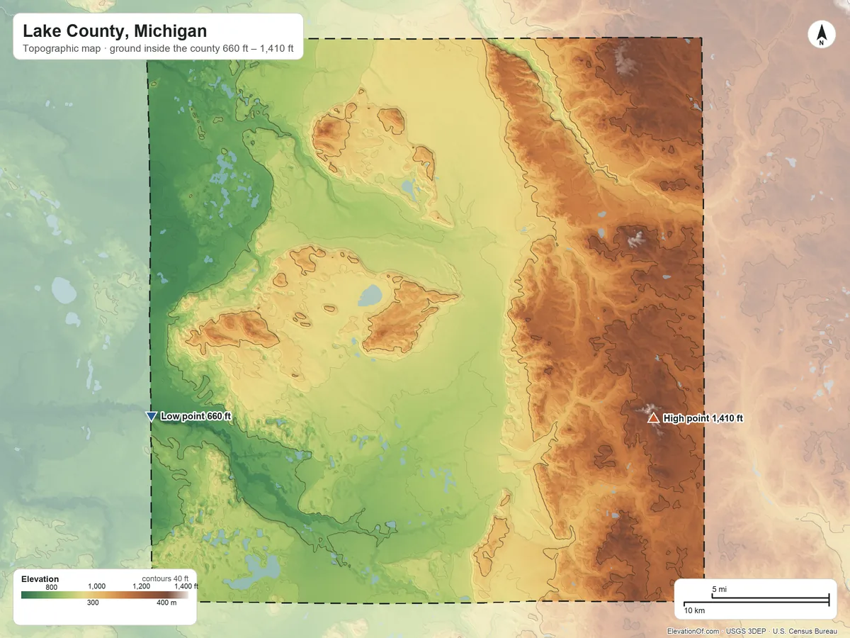 Topographic elevation map of Lake County, Michigan, shaded from 660 ft on the west side to 1,410 ft on the southeast side