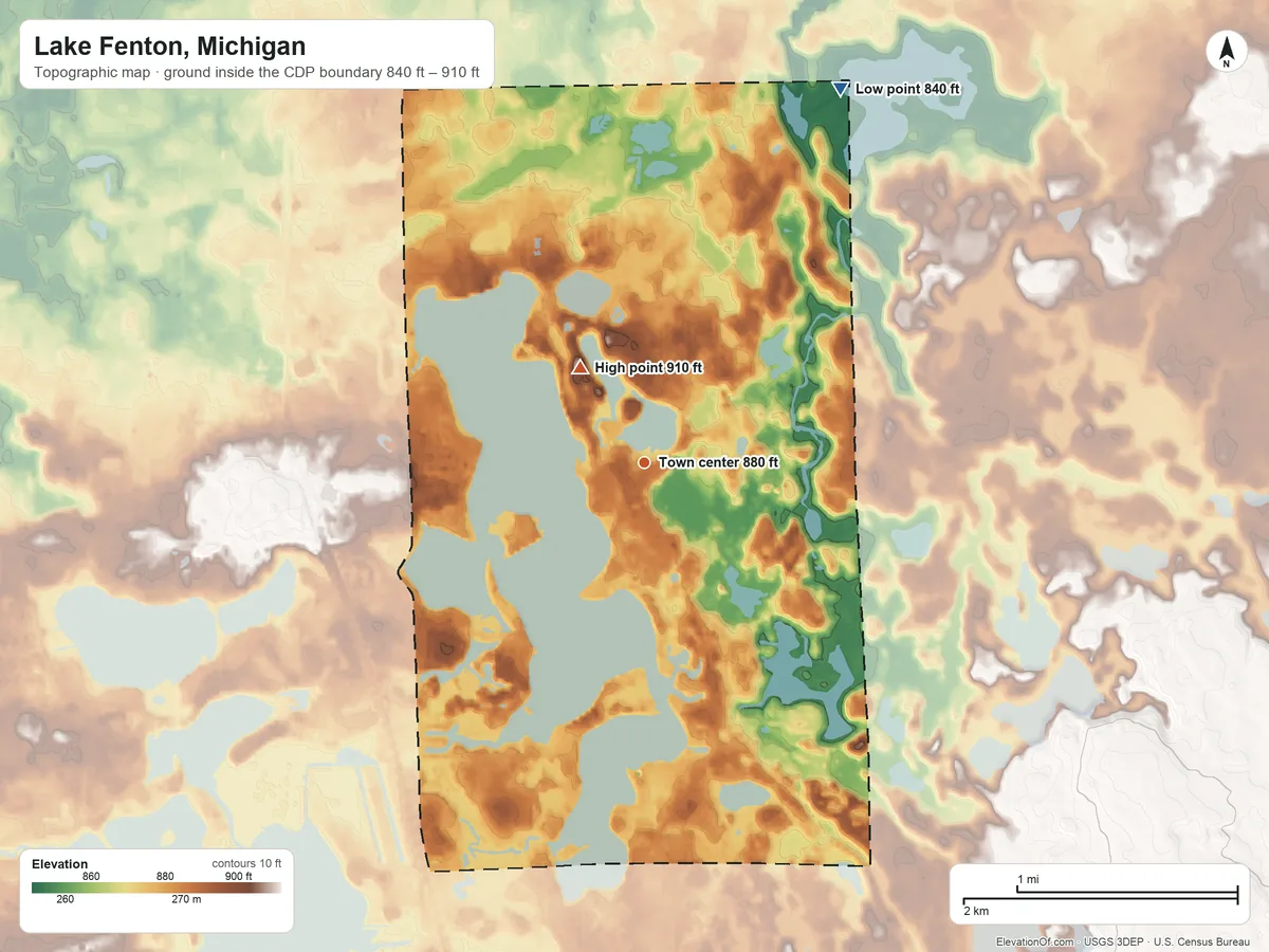 Topographic elevation map of Lake Fenton, Michigan, shaded from 840 ft on the northeast side to 910 ft on the northwest side