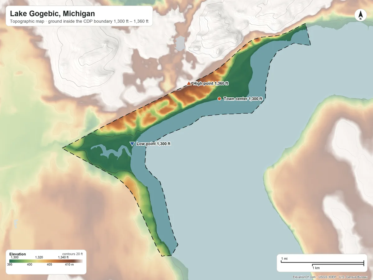 Topographic elevation map of Lake Gogebic, Michigan, shaded from 1,300 ft on the southwest side to 1,360 ft on the northwest side