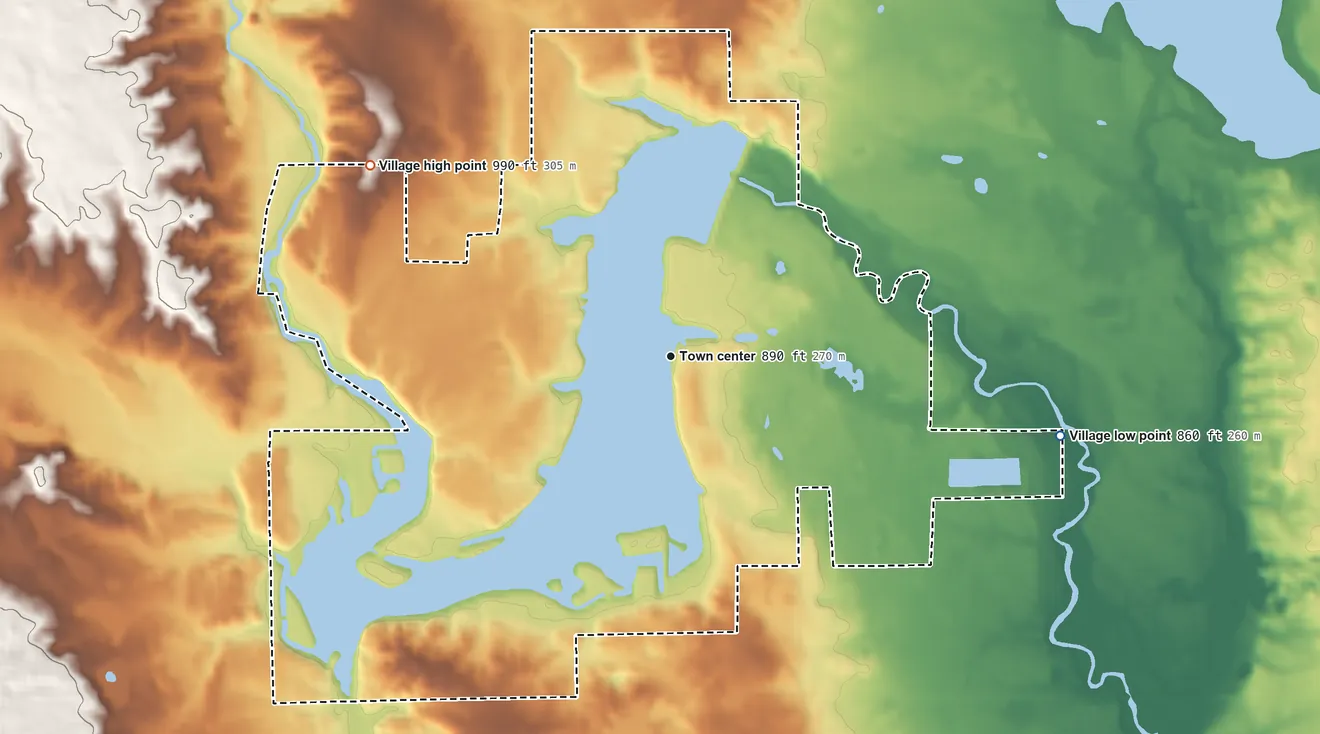 Topographic elevation map of Lake Isabella, Michigan, shaded from 860 ft on the east side to 990 ft on the northwest side