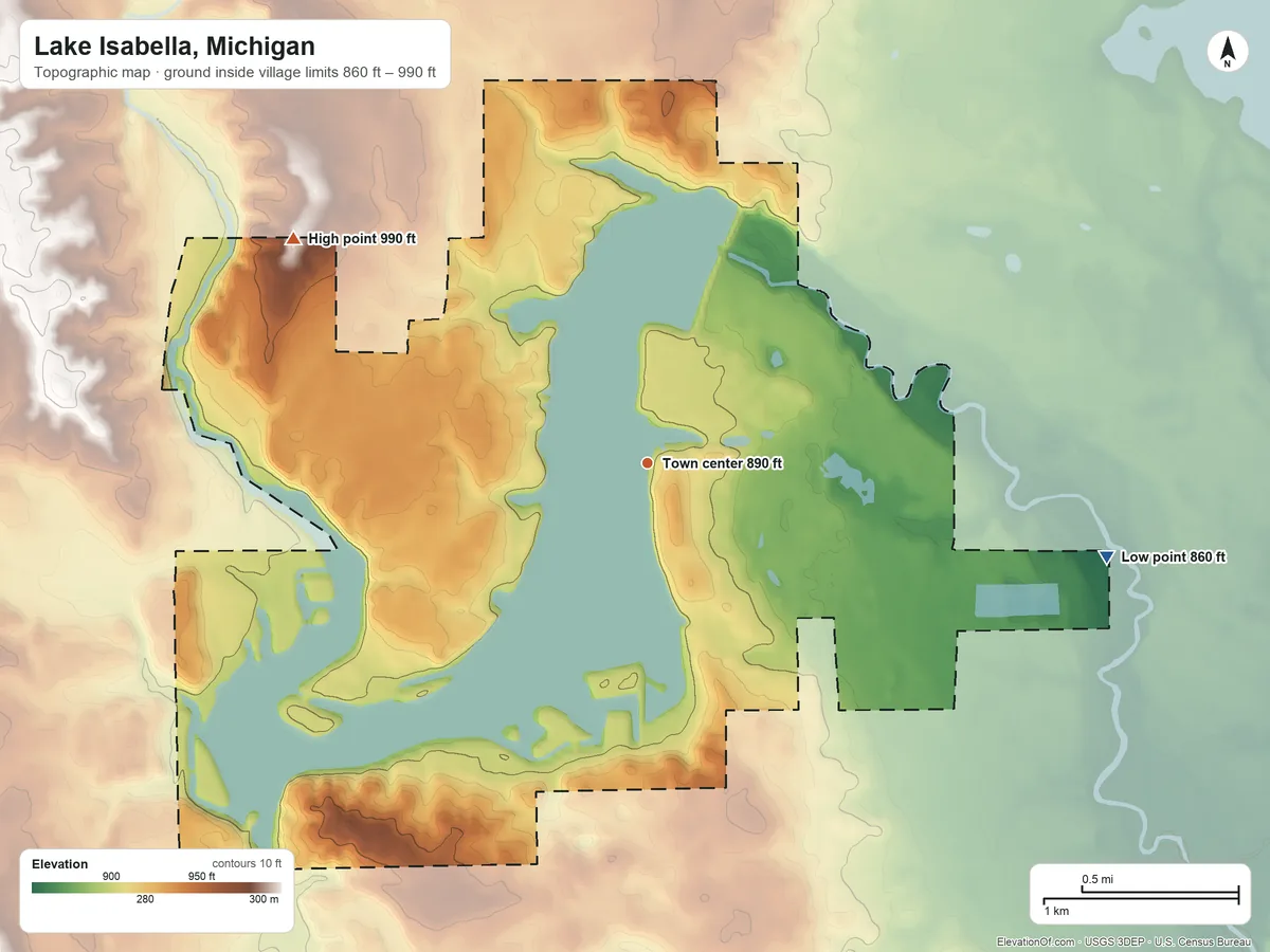 Topographic elevation map of Lake Isabella, Michigan, shaded from 860 ft on the east side to 990 ft on the northwest side