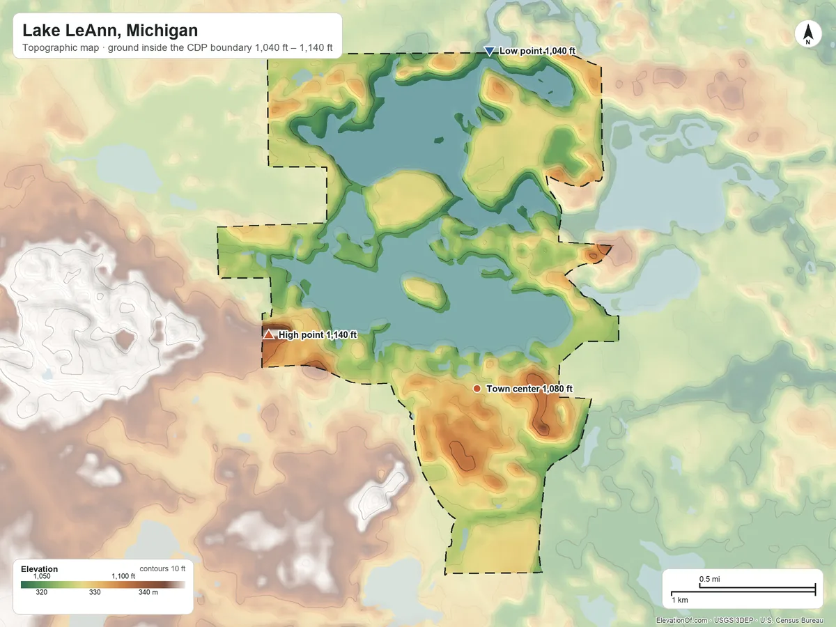 Topographic elevation map of Lake LeAnn, Michigan, shaded from 1,040 ft on the north side to 1,140 ft on the west side