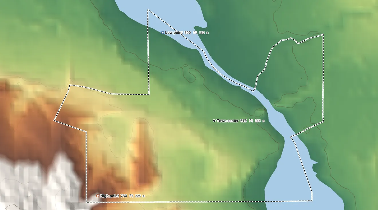 Topographic elevation map of Lake Leelanau, Michigan, shaded from 590 ft on the northwest side to 730 ft on the southwest side