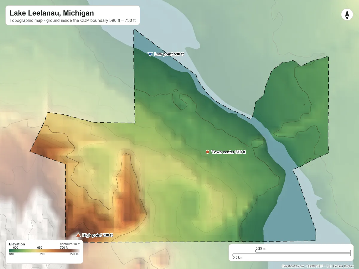 Topographic elevation map of Lake Leelanau, Michigan, shaded from 590 ft on the northwest side to 730 ft on the southwest side