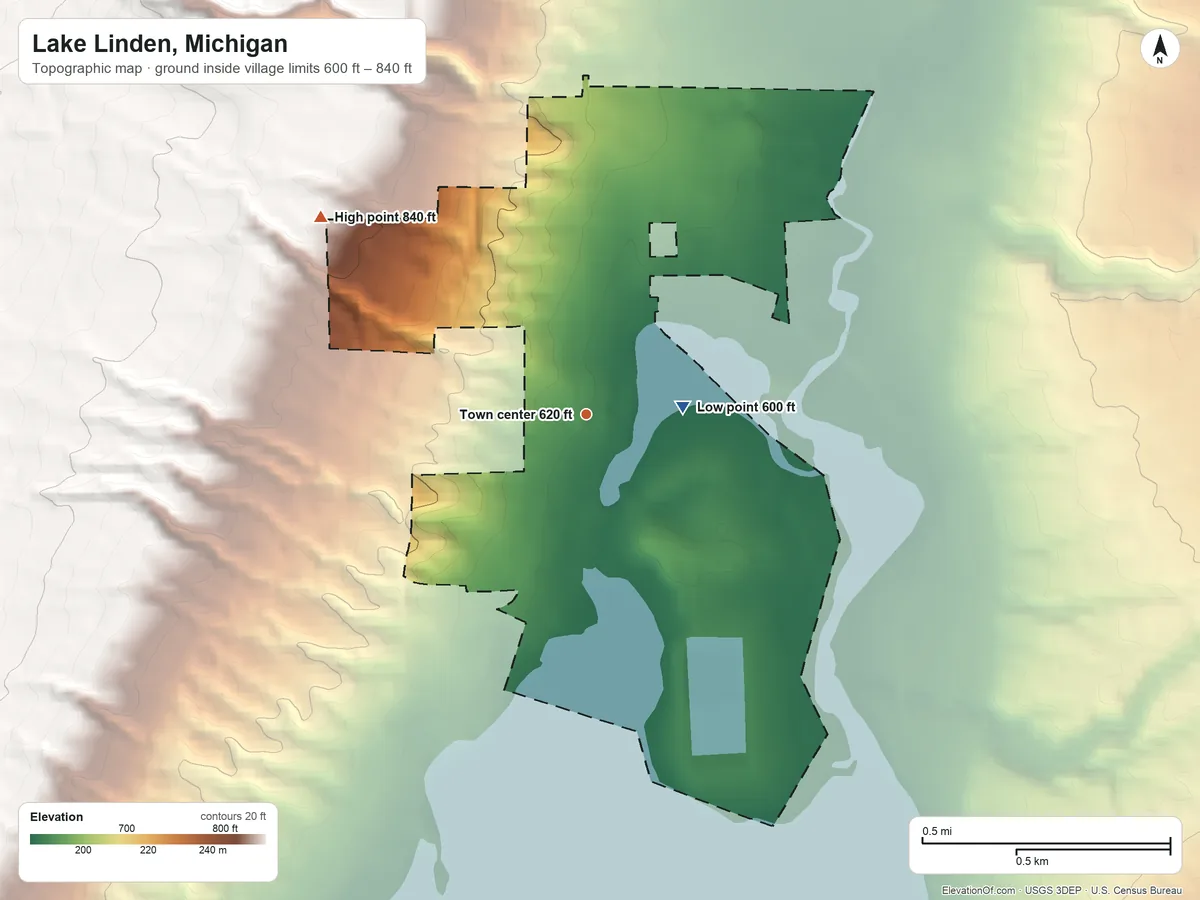 Topographic elevation map of Lake Linden, Michigan, shaded from 600 ft on the east side to 840 ft on the northwest edge, below higher ground just outside