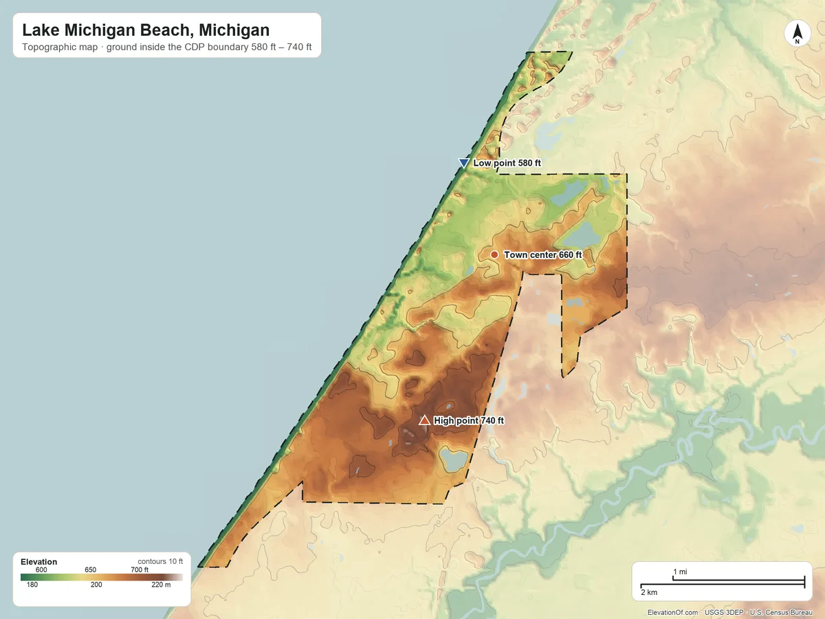 Topographic elevation map of Lake Michigan Beach, Michigan, shaded from 580 ft on the north side to 740 ft on the southwest side