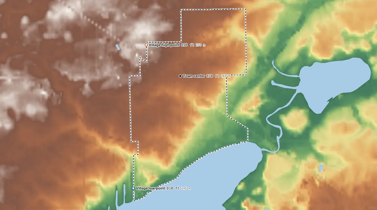 Topographic elevation map of Lake Odessa, Michigan, shaded from 810 ft on the southwest side to 890 ft on the northwest side