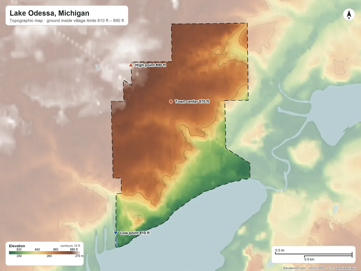 Topographic elevation map of Lake Odessa, Michigan, shaded from 810 ft on the southwest side to 890 ft on the northwest side