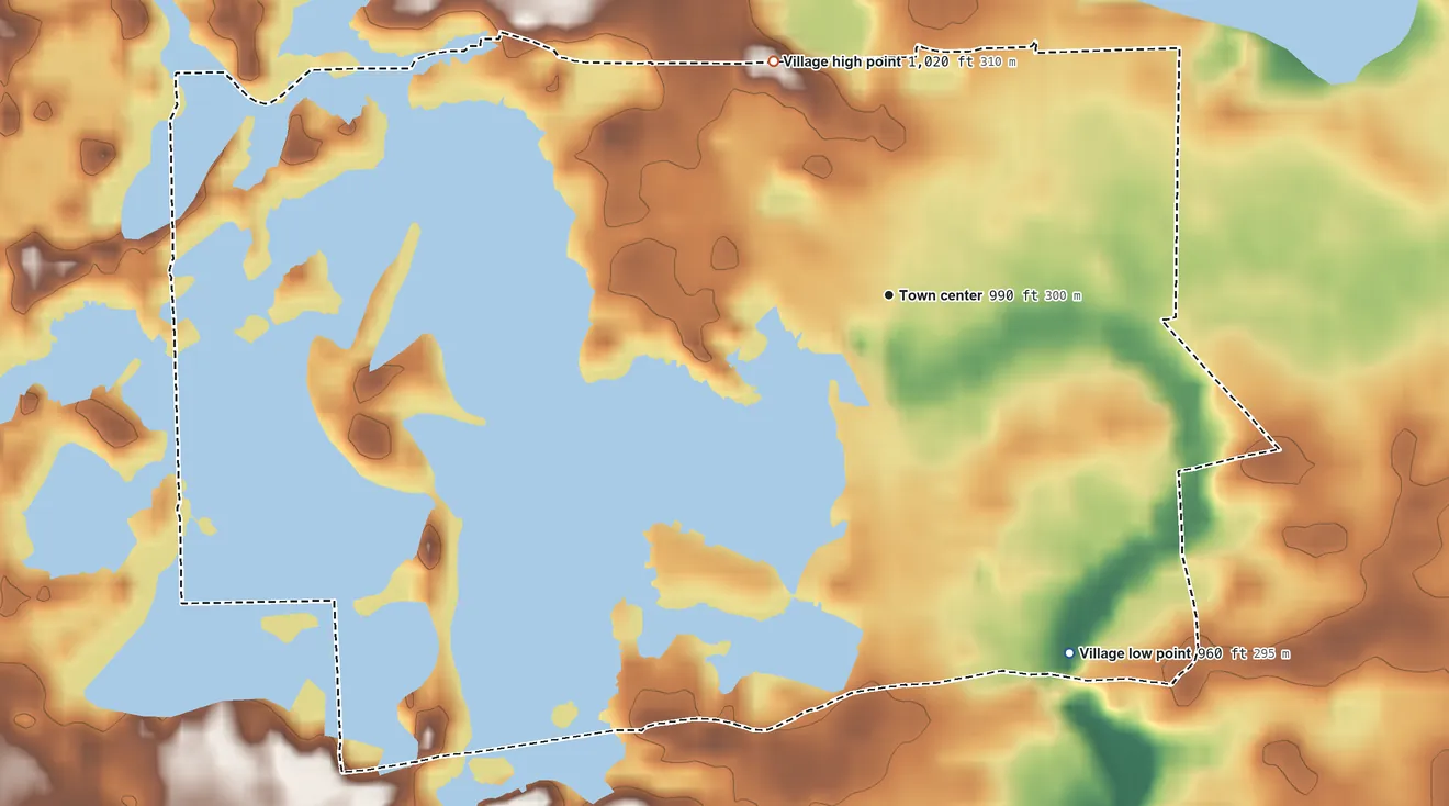 Topographic elevation map of Lake Orion, Michigan, shaded from 960 ft on the southeast side to 1,020 ft on the northwest side
