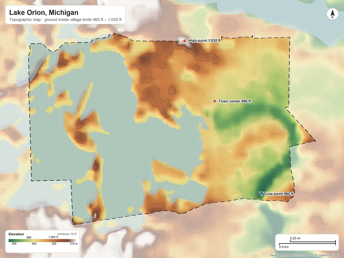 Topographic elevation map of Lake Orion, Michigan, shaded from 960 ft on the southeast side to 1,020 ft on the northwest side