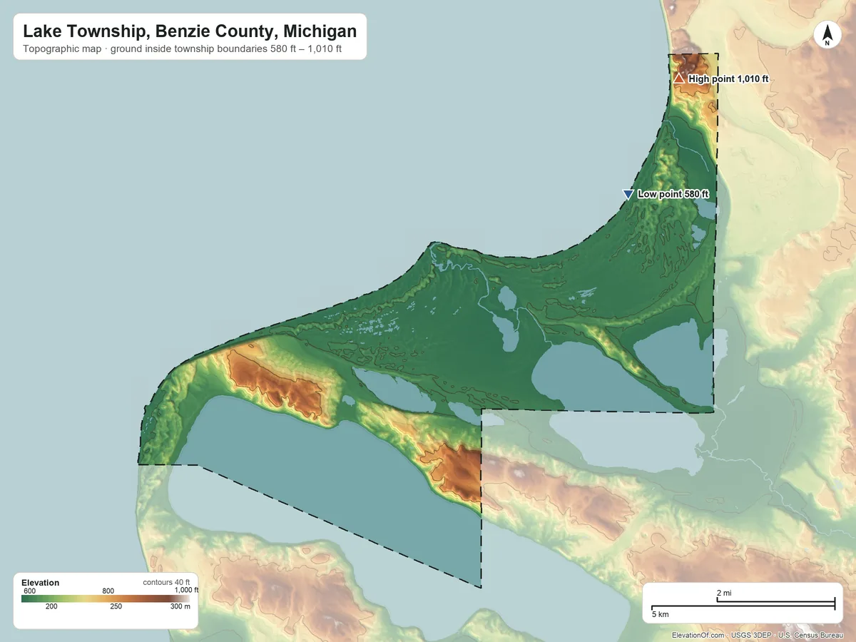 Topographic elevation map of Lake Township, Benzie County, Michigan, shaded from 580 ft on the northeast side to 1,010 ft on the northeast side
