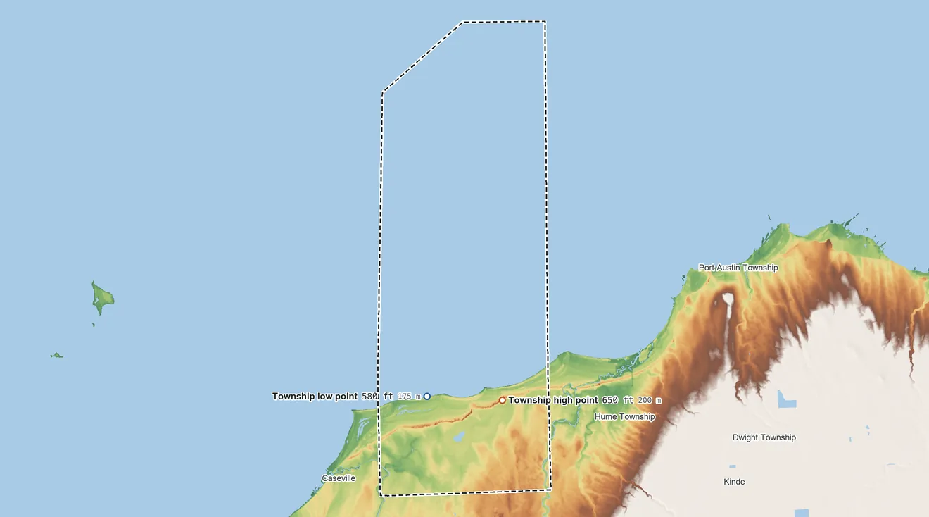 Topographic elevation map of Lake Township, Huron County, Michigan, shaded from 580 ft near the middle to 650 ft near the middle