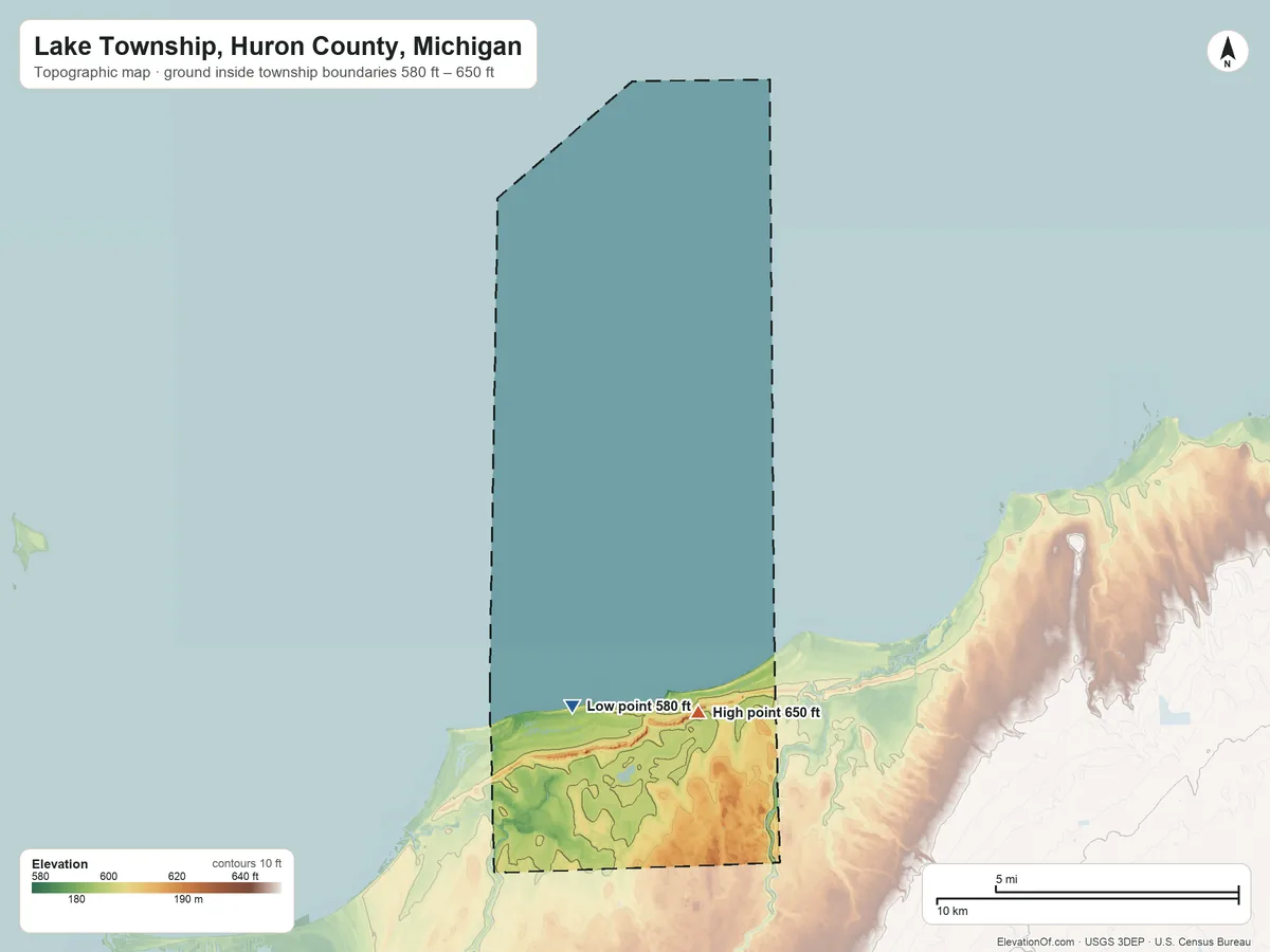 Topographic elevation map of Lake Township, Huron County, Michigan, shaded from 580 ft near the middle to 650 ft near the middle