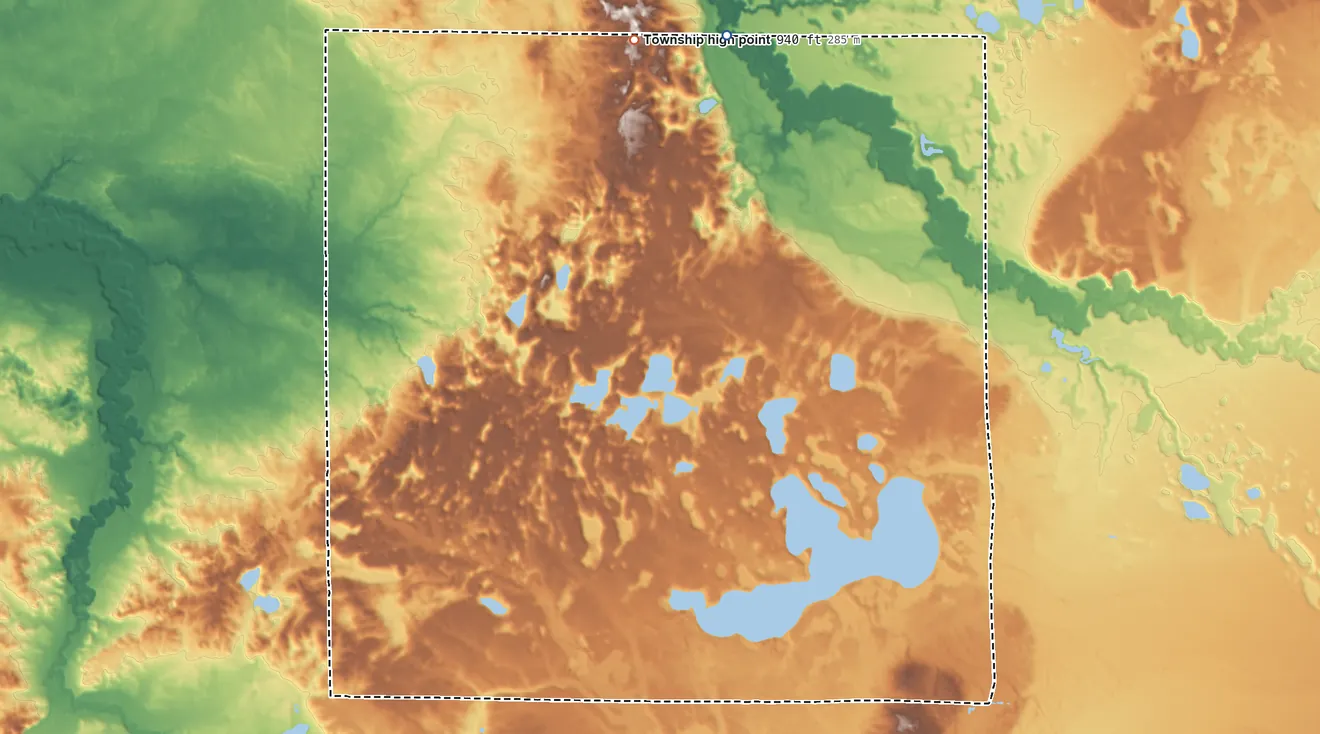 Topographic elevation map of Lake Township, Lake County, Michigan, shaded from 710 ft on the north side to 940 ft on the north side